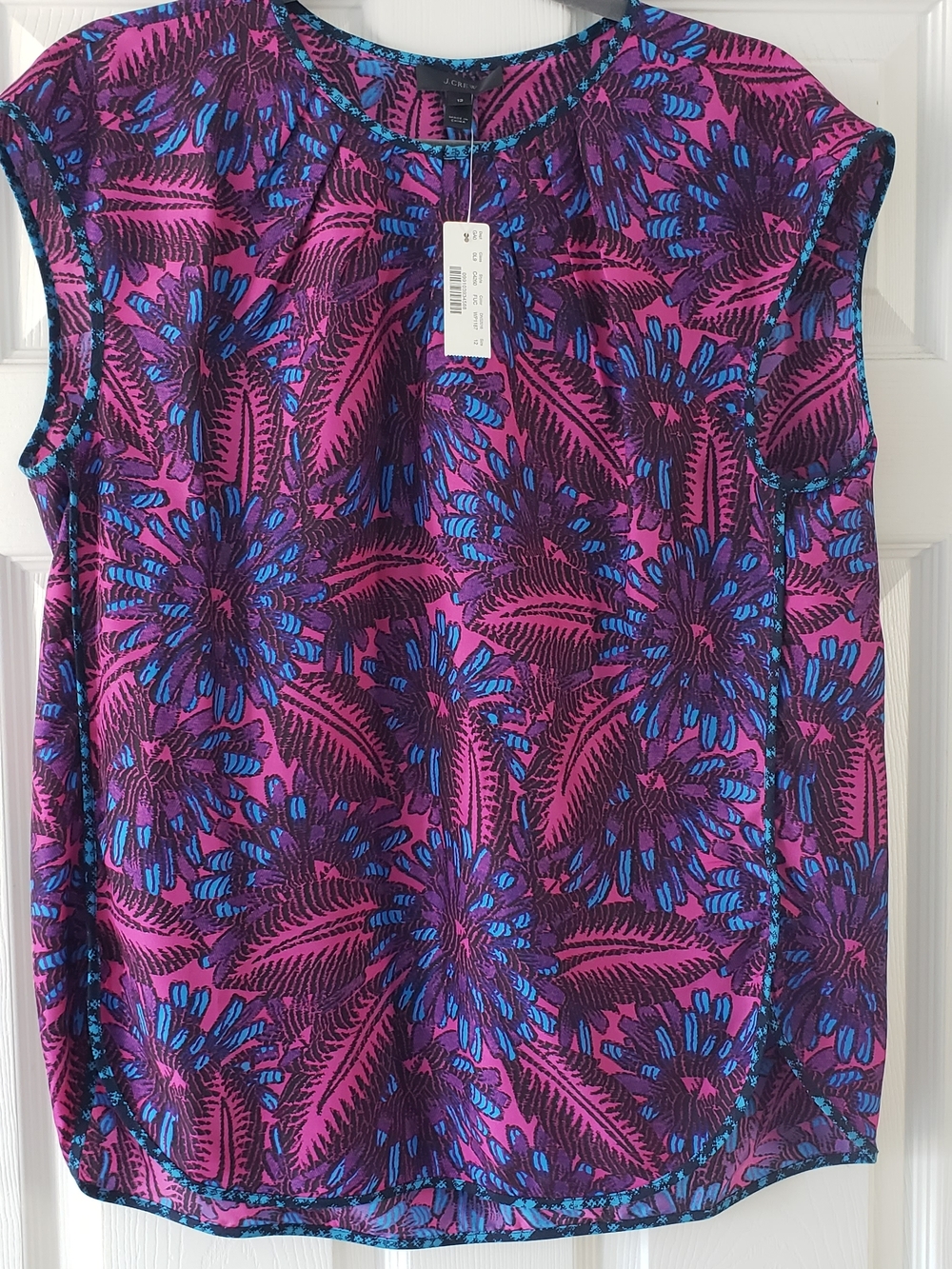 J. Crew Midnight Floral Cocoon Silk Purple and Blue Cap Sleeve Top Size 12 NWT - Picture 3 of 9